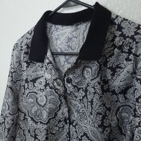 Vintage Top Womens Size Large Black White Paisley Polo Collar Pullover 8… - Picture 8 of 10